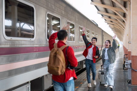 Farewell and Travel Adventure. Friends waving goodbye at a train station as they embark on a new...