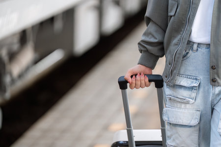 Travel Gear and Preparation. A close-up of a traveler ready for the journey with a suitcase.の写真素材