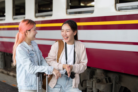 Bonding through Travel. Two friends sharing laughter while waiting for their train, demonstrating the joy of companionship.の写真素材