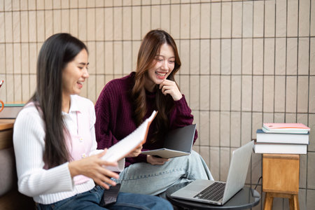 Study Session and Friendship. Friends collaborating on schoolwork, utilizing modern technology in a...