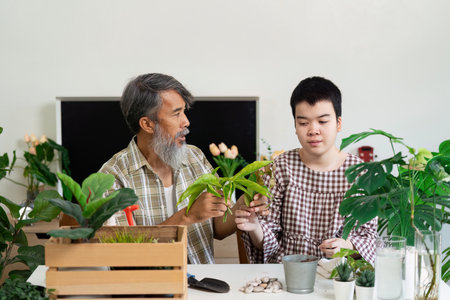 Sustainability and Nurturing Plants. A caregiver teaches a young person about plant care.