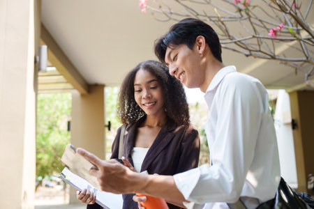 Collaboration and Sustainability. Two professionals discussing eco-friendly initiatives while...
