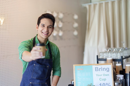 Sustainability and Customer Engagement. A barista promoting eco-friendly practices with a coffee...