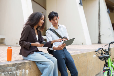 Sustainability and Innovation. Two friends sharing digital content while promoting eco-friendly discussions.の写真素材