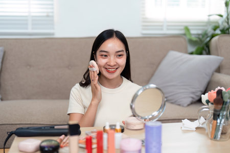 Morning routine makeup application with vibrant womanの写真素材