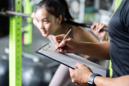 Fitness Assessment. Trainer recording performance of young woman during squat exercise.の写真素材