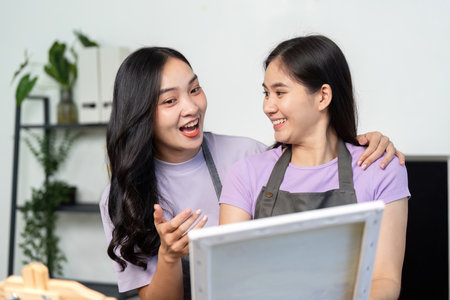 Joyful Friendship. Two women sharing laughter while painting in a bright space.の写真素材