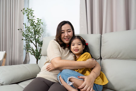 Mother and Daughter Embracing. Warm family moment on the couch.の写真素材