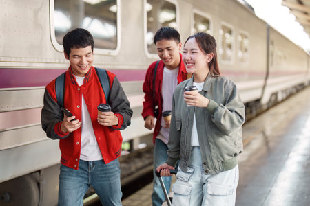 Travel Companions. Friends walking together at a train station with coffee.の写真素材