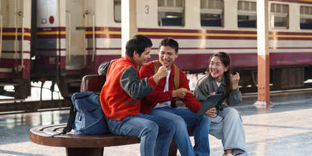 Friendship and Connection. Young adults enjoying time together at a train station.