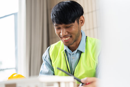 Green tech initiative with engineer smiling during sustainable design sessionの写真素材