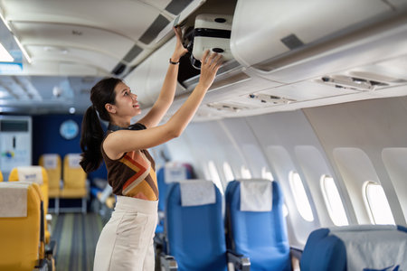 Tourist and Air Travel. A traveler placing luggage in the overhead compartment of an airplane.の写真素材