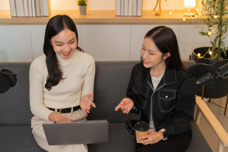 LGBTQIA friends discussing ideas in a cozy podcast studio