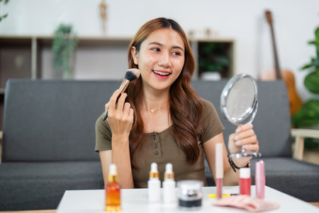 Makeup Application. Young woman smiling while applying blush in front of mirror.の写真素材