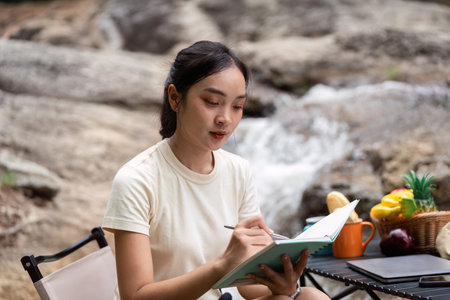Mindfulness and Reflection. Young woman journaling in nature by a serene stream.の写真素材