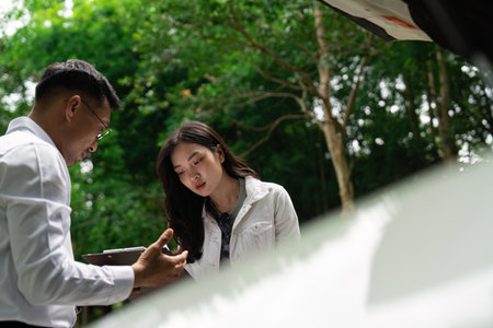Insurance Consultation. A professional discussing car insurance options with a young woman outdoors.の写真素材