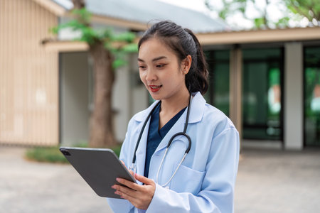 Doctor in lab coat using tablet outdoors, modern healthcareの写真素材