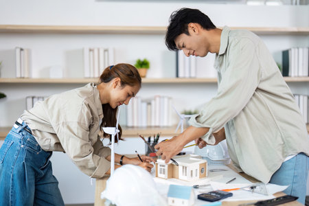 Collaboration in Sustainable Architecture. Young designers working on eco-friendly model.の写真素材