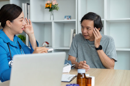 Doctor consulting patient about health and medicationの写真素材
