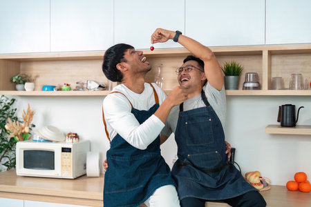 Couple enjoying playful moment in kitchen, sharing cherriesの写真素材