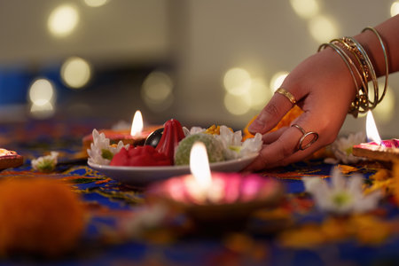 Diwali Celebration. Hand placing decorative sweets and flowers on festive table.