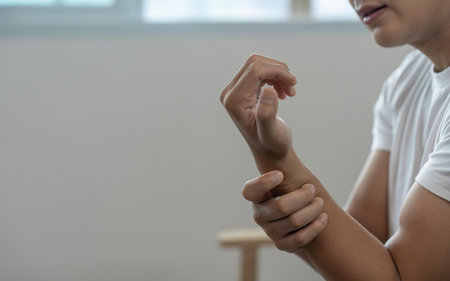 Wrist Pain. Individual holding wrist in discomfort while seated indoors.