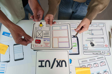 UX UI Design Review. Team evaluating user interface designs and feedback.