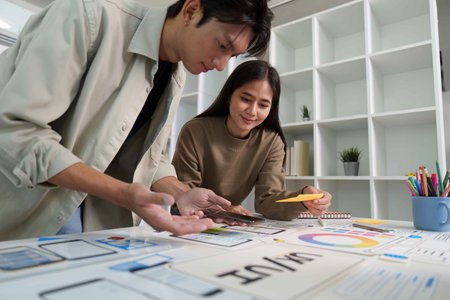 Innovative Design Session. Team brainstorming on digital mockups and color selections.の写真素材