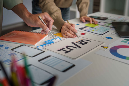 UX UI Design Collaboration. Creative team brainstorming on mobile app interface.