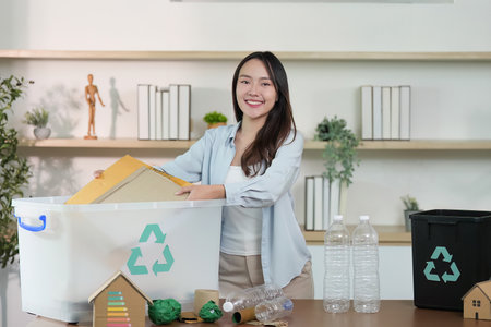 Eco-conscious woman sorting recyclables at home for sustainability.の写真素材