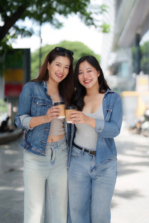 Friendship and Joy. Two young women enjoying coffee outdoors in casual denim outfits.の写真素材