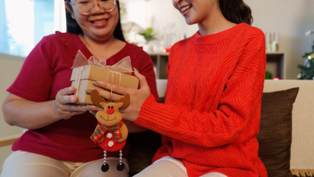 Holiday Gift Exchange. Two women sharing a joyful moment with a Christmas present.