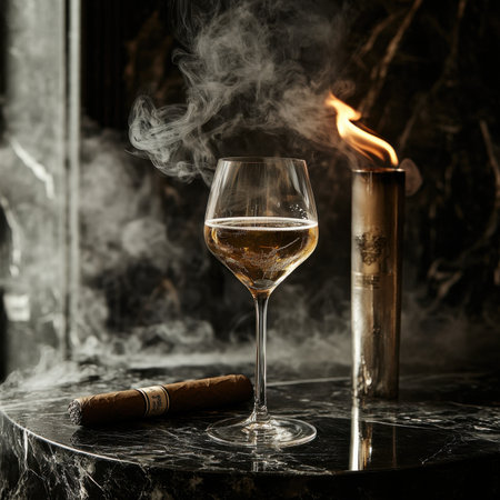 A glass of wine is on a table next to a cigarの素材