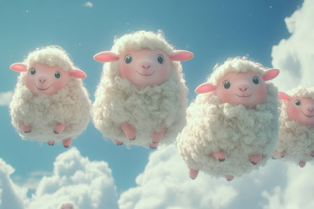 Four fluffy white sheep are flying in the skyの素材