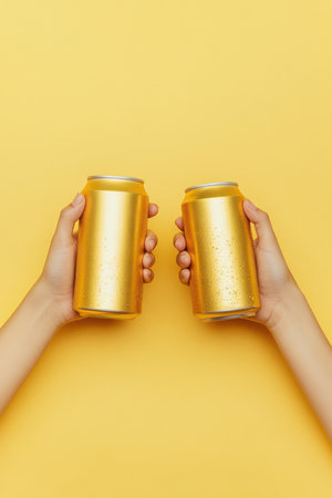 Two people holding two cans of beerの素材