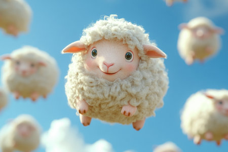 A fluffy white sheep is flying in the sky with other sheepの素材