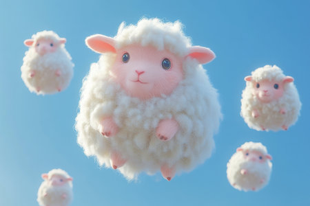 A fluffy white sheep is flying in the sky with other sheepの素材