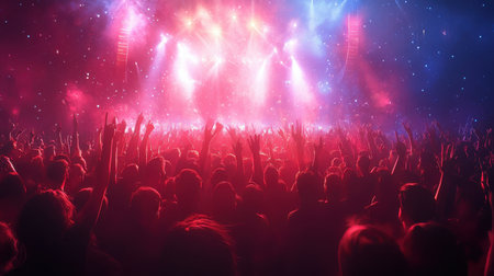 A crowd of people are at a concert, with the stage lit up in red and blueの素材