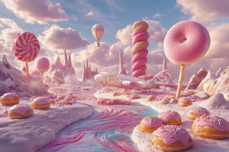 Whimsical dessert landscape featuring candy mountains and floating donuts fantasy world digital art dreamy environment vibrant viewpointの素材