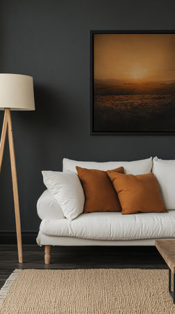 Cozy living room design featuring neutral tones modern aesthetic indoor space stylish viewpoint serenity conceptの素材