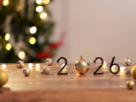 New Year 2026 Celebration Background with Ornaments and Lightsの写真素材