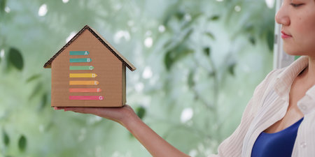 Energy Efficiency. Woman holding a cardboard house model with energy rating labels.の写真素材