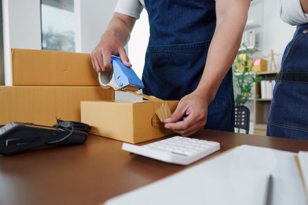 Efficient packaging. Worker sealing boxes for shipping in office.の写真素材