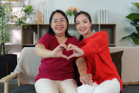 Heartfelt connection. Two women forming a heart shape with their hands.の写真素材