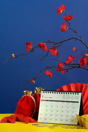 Festive background for Lunar New Year with calendar and decorationsの写真素材