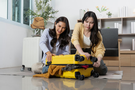 Travel Packing. Two friends struggling to close a suitcase while preparing for their travel adventure.の写真素材