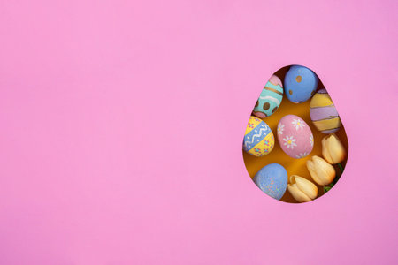 Easter Surprise. Colorful eggs hidden in a pink egg-shaped cutout.