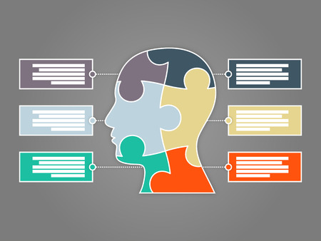 Colorful puzzle head presentation graphic template with explanatory text fieldのイラスト素材
