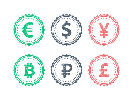 Euro Dollar Yen Yuan Bitcoin Rubel Pound mainstream currencies symbols on grunge vintage hipster style stamp badge sign vector illustration graphic template isolated on white backgroundのイラスト素材