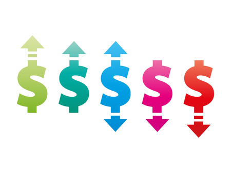 Colorful dollar up and down sign icon. Vector graphic illustration template. Isolated on white background.のイラスト素材
